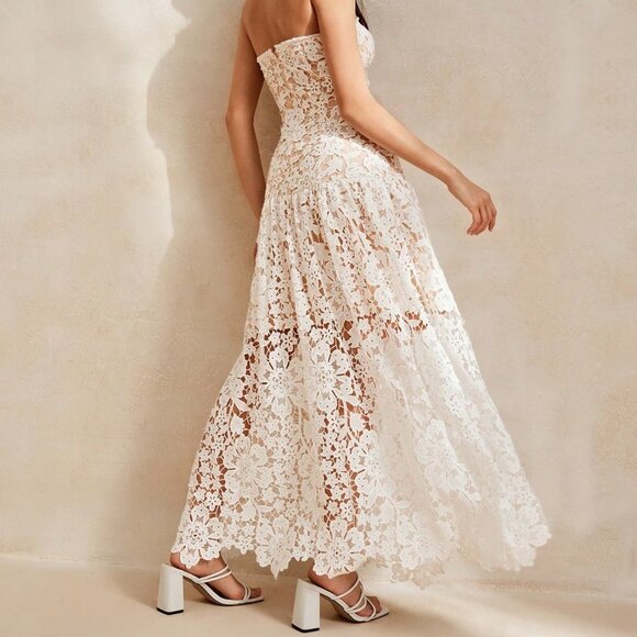 White Elegant Women's Heavy-Embroidered Lace Strapless Romantic Floral Dress - Picture 2 of 7